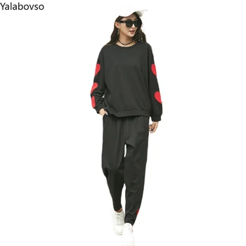 

Trend women spring suit Casual fashion spring clothes 2020 new heart printing black long-sleeved T-shirts and pants Z3