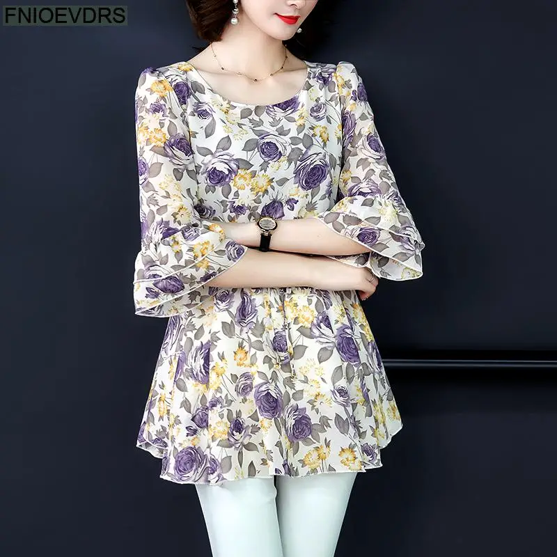 Loose Lazy 5XL 4XL 3XL Clothes Elegant Blusas Women Summer Blouse Floral Print Office Lady Belly Vintage Retro Tunic Peplum Tops