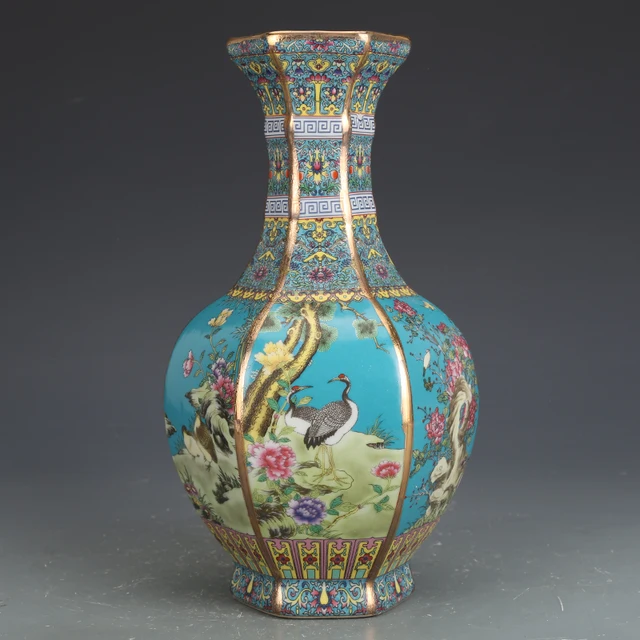Enamel porcelain vase Jingdezhen ceramic Hexagonal Flower and bird pattern vase ornaments collection antique vase authentic Anti 1