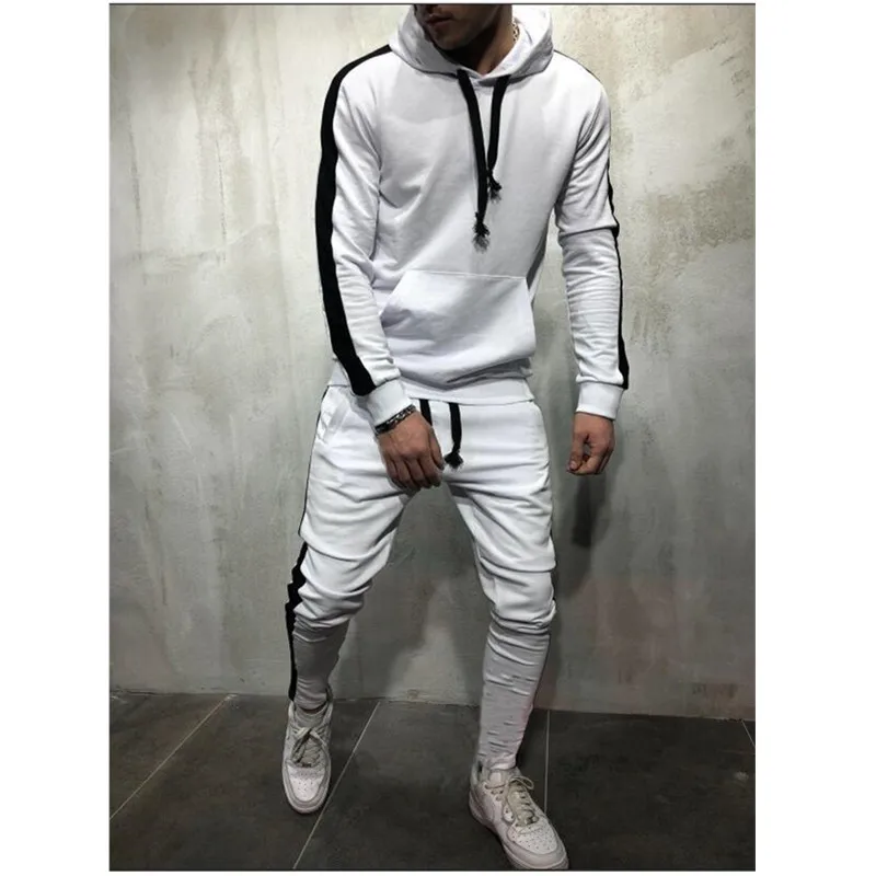 White and black Комплект из 2 предметов, спортивный костюм для мужчин, бренд, Осень-зима, толстовка с капюшоном+ штаны на шнурке, мужские полосатые Лоскутные толстовки S-3XL - Цвет: White and black