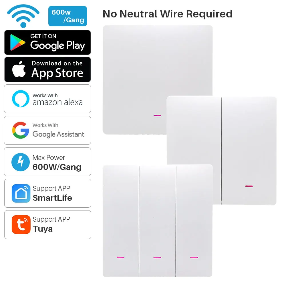 Tuya Smart Wifi Switch 220V No Neutral Wire Required 1/2/3 Gang Wall Light Button Support Lfie Alexa Google Home | Электроника