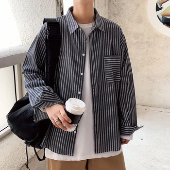

Autumn Striped Shirt Men's Fashion Business Casual Dress Shirt Streetwear Society Men Shirt Slim Long-sleeved Cotton Shirt Mens