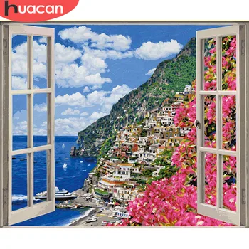 

HUACAN Painting By Number Window Scenery HandPainted Kits Drawing Canvas DIY Oil Pictures Seaside City Landscape Home Decor Gift