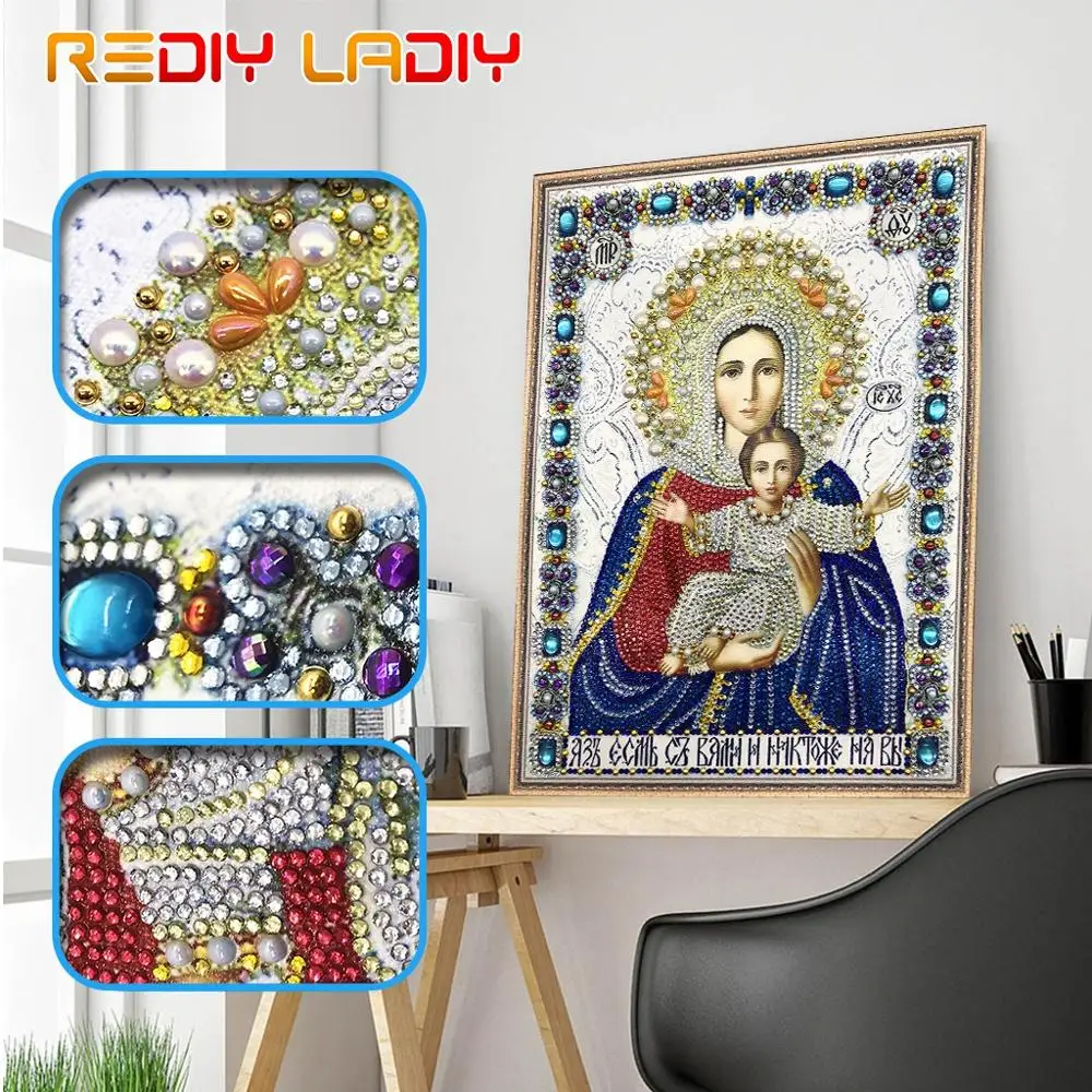 

Special Shaped Diamond Embroidery Beaded Cross Stitch Mother of God Shining Round Diamond Mosaic Icon Partial Diamond Painting