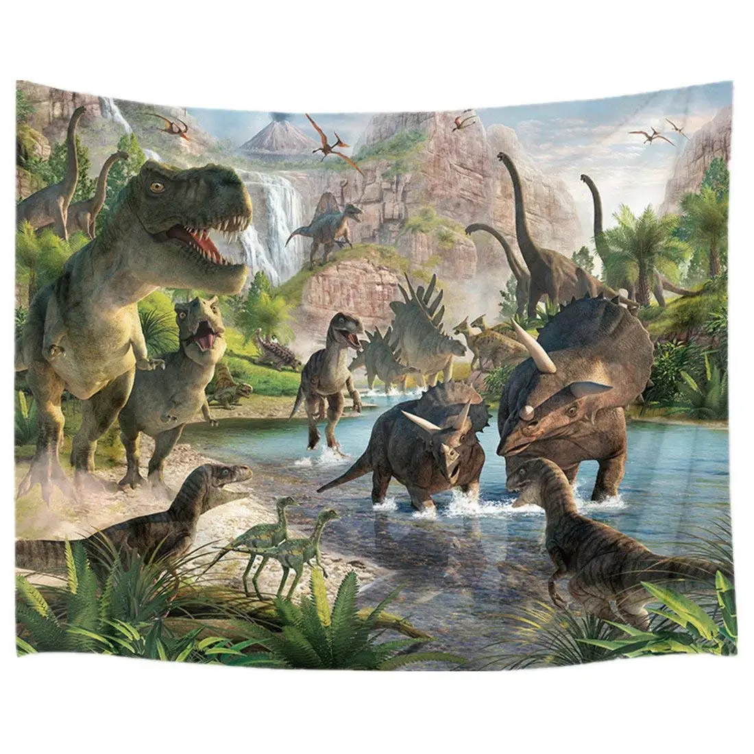 

Dinosaur Tapestry Wild Ancient Predator Animal Wall Hanging Tropical Forest with Green Trees and Mountain
