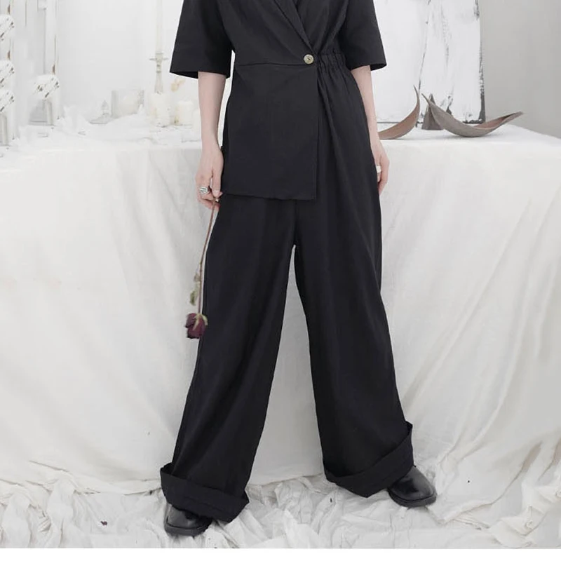 [EAM] Loose Fit Women Black Brief High Waist Irregular Long Bgi Size Jumpsuit New Pants Fashion Spring Autumn 2020 1U959