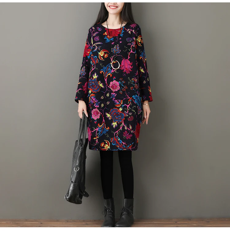 

P Ammy Fleece Lining Warm Dress Women Thicken Floral Print A-Line Jumper Dress female Winter Long Sleeve Tunic Pullover