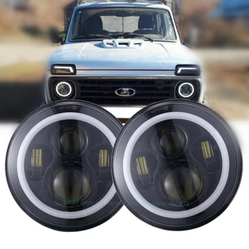 

OTBS 1 Pair 7 Inch LED Headlight H4 Hi-Lo beam With Halo Angel Eyes For Lada 4x4 urban Niva Jeep JK Land rover defender Hummer