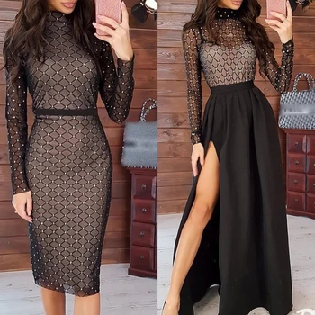 

Women Dress Transparent Bandage Bodycon Long Sleeve Party Cocktail Club Long Dress Hot