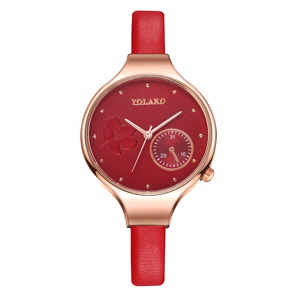 YOLAKO для женщин кожа цветок часы Роскошные повседневное дамы кварцевые наручные часы для подарка часы - Цвет: red