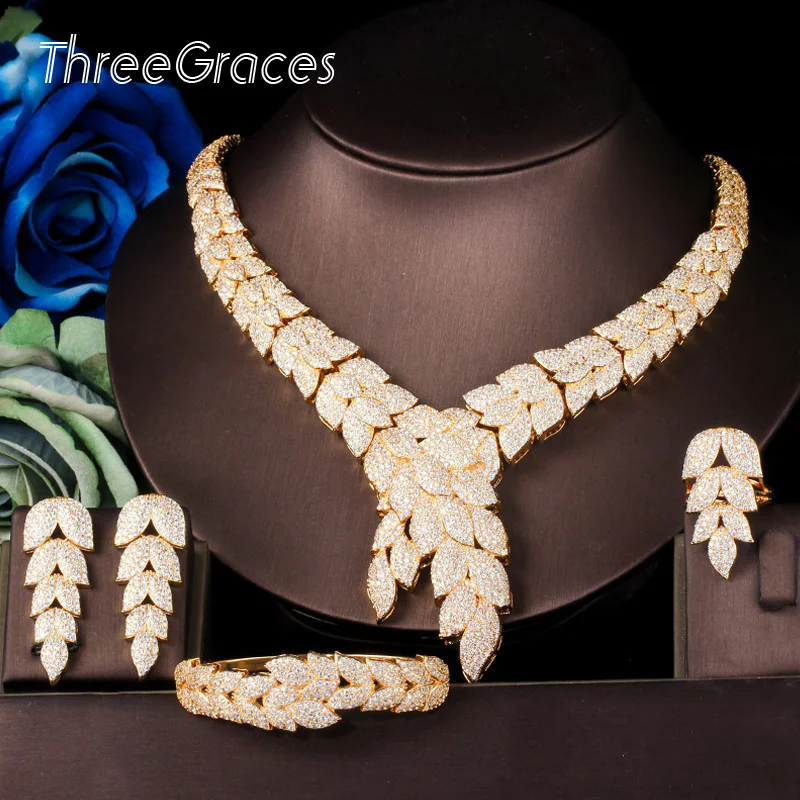 ThreeGraces Дубай золото 3 шт. капли воды CZ свадебное ожерелье серьги и браслет Роскошный Выпускной костюм набор украшений для женщин JS629 ThreeGraces Дубай золото 3 шт. капли воды CZ свадебное ожерелье серьги и браслет Роскошный Выпускной костюм набор украшений для женщин JS629