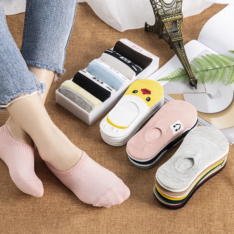 5 pairs/Lot Kawaii Women Cotton Socks Fashion Cartoon Pattern Invisible Socks Female Slipper socks Breathable Girls Boat Socks