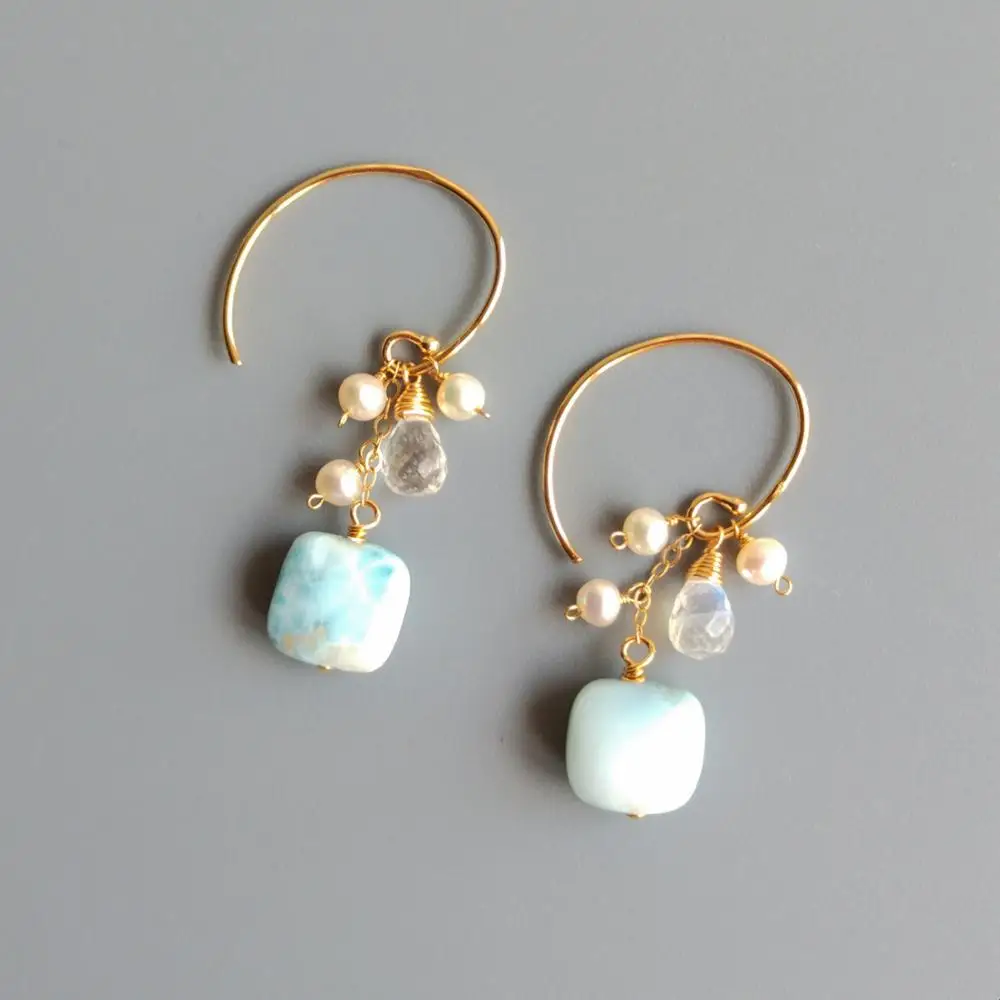 Lii Ji, натуральный квадратный лунный камень Larimar, Висячие бусины из пресноводного жемчуга, 925 пробы, серебро, 18 К, позолоченные серьги-капли ручной работы