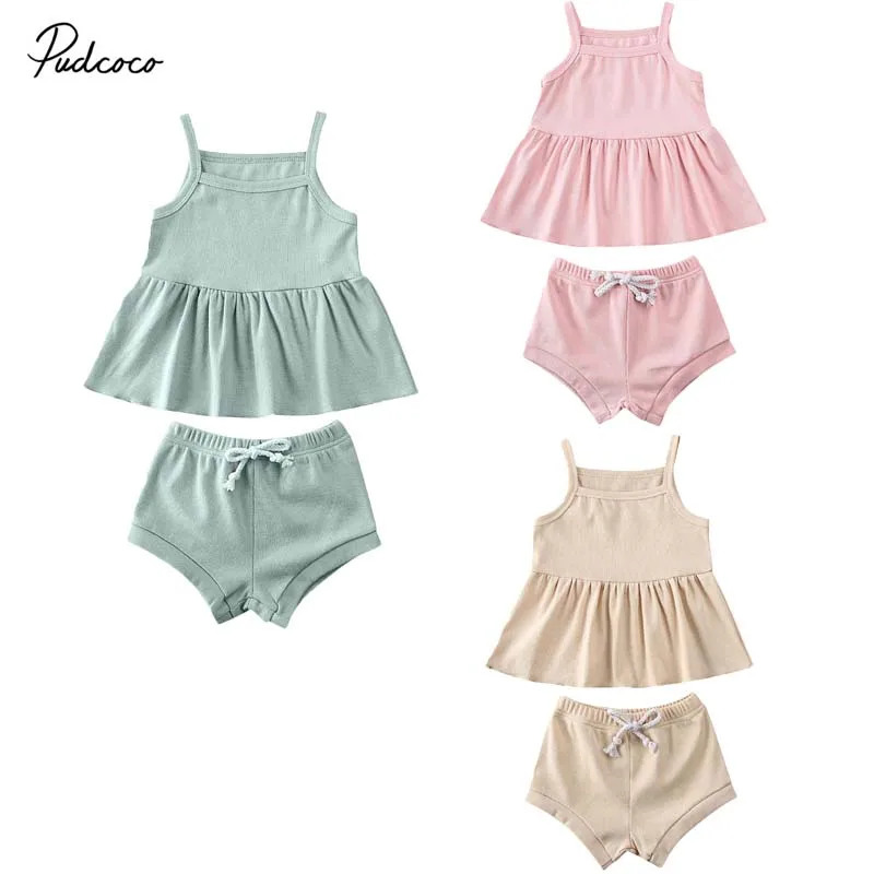 

2PCS/Set Baby Infant Girl Clothes Solid Sleeveless Tops Dress+Shorts Pants Outfits Kids Soft Cotton Summer Clothing Set 0-24M