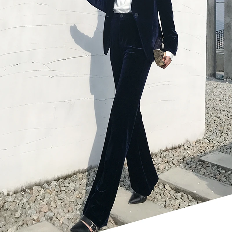 navy pants Высокое качество бархатный женский Блейзер черный синий элегантный женский Блейзер Костюмы размера плюс с длинным рукавом Тонкий офисный пиджак - Цвет: navy pants