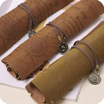 

Pencil Bags Retro Pirate Treasure Map Roll Up PU Leather Pen Pencil Case Bags Make Up Holder for School Supplies