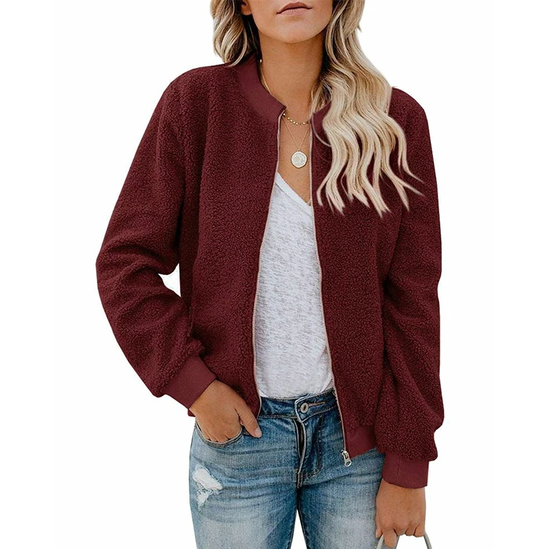 Women Winter Faux Fur Coat Thick Warm Jacket Coat Fluffy Fleece Sweatshirt Zipper Outerwear Oversized Imitation Fur Coat Female - Цвет: Wine red