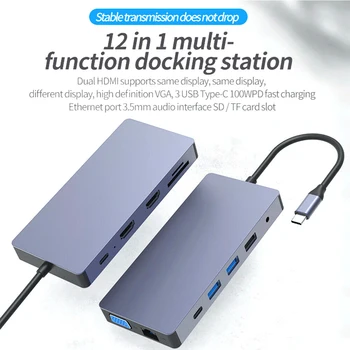 

12 In 1 USB Type C Hub VGA 4K HDMI Office For Laptops Docking Station Data Port Plug And Play Home With Ethernet Travel Portable