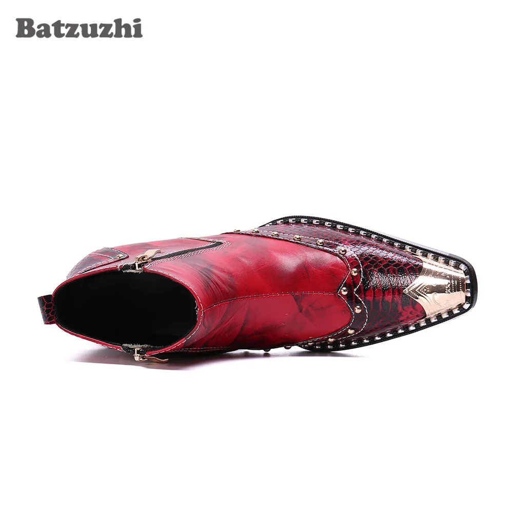 Batzuzhi Western Fashion Men Boots Shoes Pointed Leather Ankle Boots Men Zip Metal Tip Party and Wedding Boots for Men botas hom