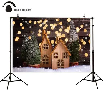 

Allenjoy photographic backdrop decorative house fur trees boken hola light wooden background winter holiday photophone photocall