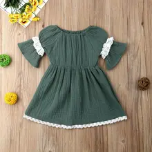 Toddler Baby Girls Tutu Short Sleeve Ruffle Dress Princess Lace Patchwork High Waist Cotton Short Sleeve Sundress