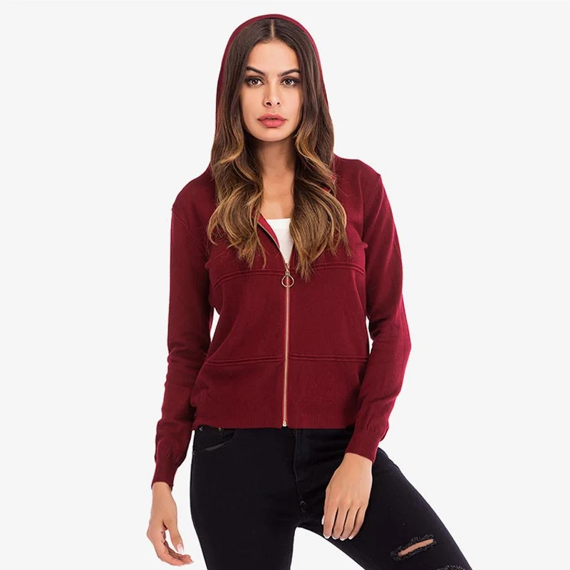 

Autumn and Winter New European and American Pure Colored Women's Dress, Hat, Zipper Knitted cardigan, Casual Long Sleeve Short-s