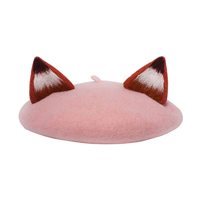 Fox Beret Cap for Women Cat with Ear Hat Cute Black Woolen Beanie Cap Pink/Gray Fashion High Quality Wholesale mens knit beret