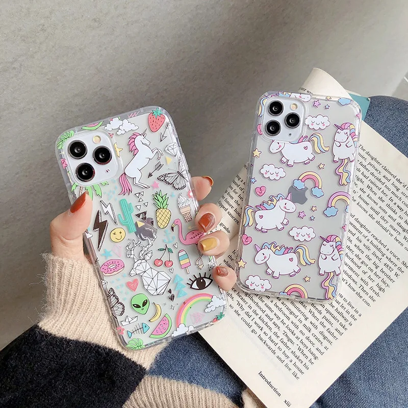 Чехол для iphone 13 12 11 Pro Max XR X 7 8 plus XS SE 2020 прозрачный с забавным рисунком единорога