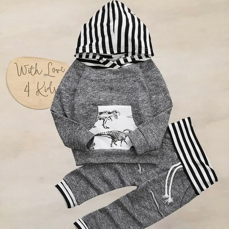 New Autumn Winter Set Newborn Kids Baby Boys Striped Hooded Tops Long Sleeve Sweatshirt Coat Leggings Pants Outfits Set