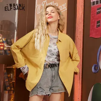 

ELFSACK Multicolor Solid Minimalist Oversize Shirts Women 2020 Spring Pure Vintage Long Sleeve Korean Ladies Basic Daily Tops