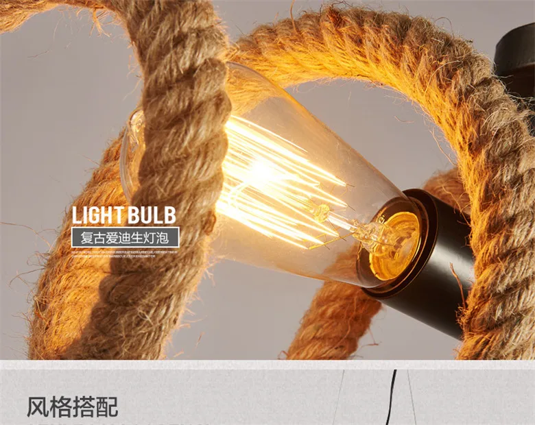 Лофт Led E27 лампа Эдисона, кованые трубы пеньковая веревка кулон или потолочный светильник Ретро Бар Кафе Американская страна промышленный светильник