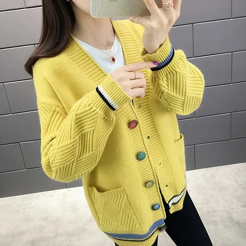 Yellow PEONFLY Новинка осень зима Повседневный Кардиган для женщин корейский длинный рукав вязанная кофта Кардиган куртка для женщин - Цвет: Yellow