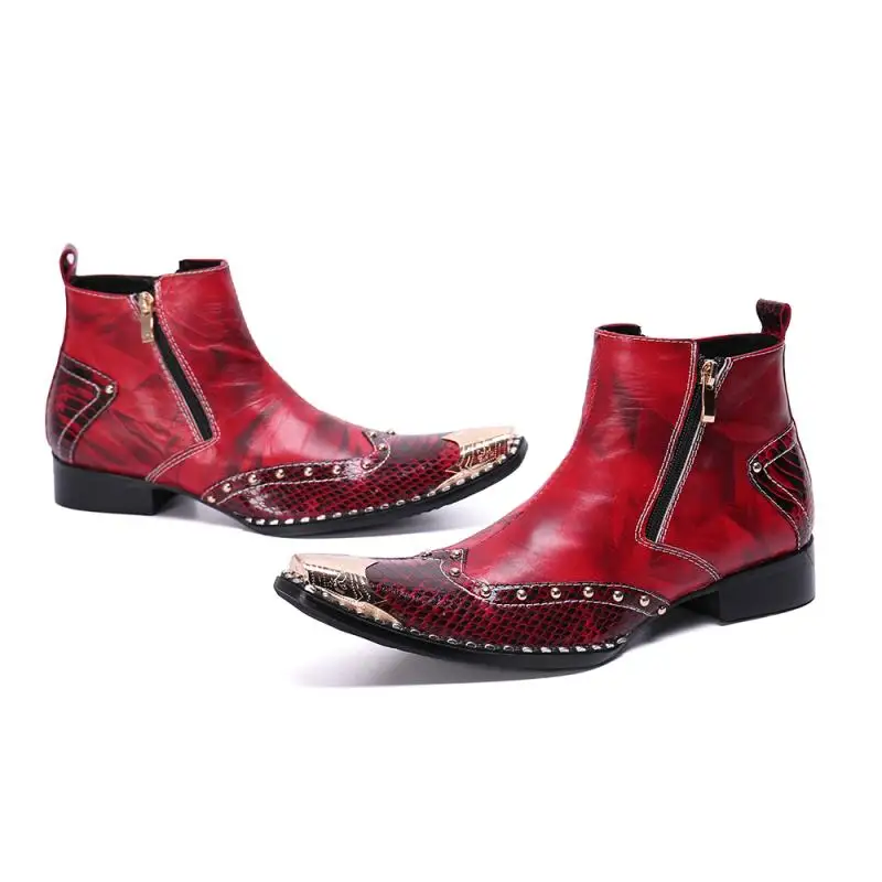 High Top Genuine Leather Men Shoes Chelsea Boots Metal Pointed Toe Zipper Ankle Boots Luxury Career Work Rock Punk Men's Boots