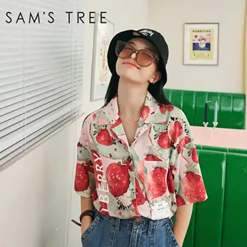 Женская атласная рубашка SAM'S TREE, красная Клубничка с принтом на каждый день, лето 2020, новые винтажные милые топы с коротким рукавом в Корейск...