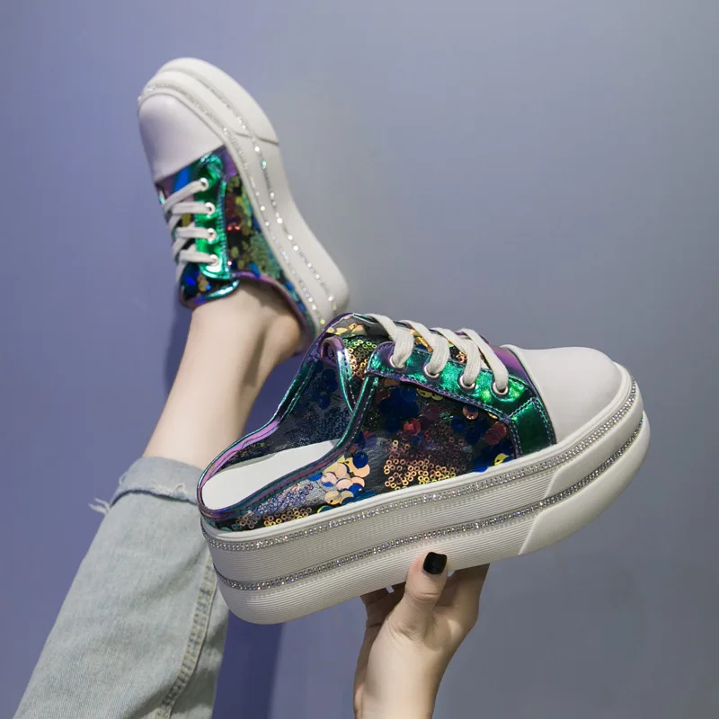 

Lazy Slipper Women's Thick Bottomed Platform 2019 Summer Fairy Wind Sequin Gauze Casual Slip-on No Heel Slippers