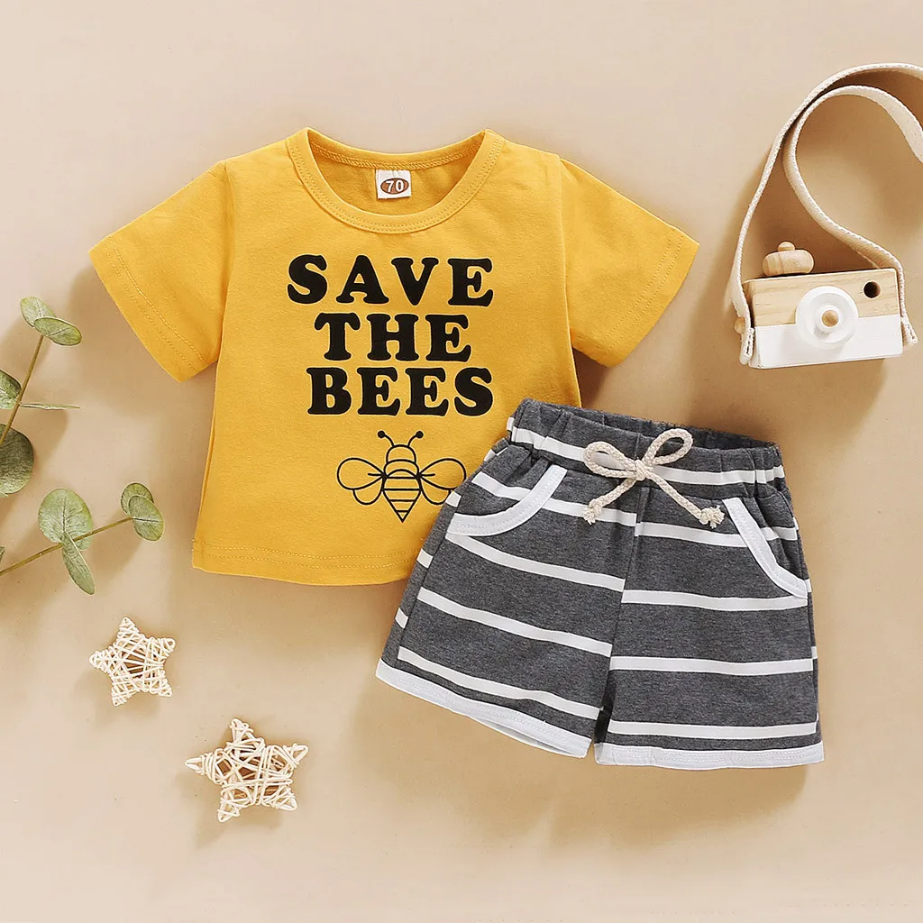

(3M-3T) Children's cartoon alphabet top + striped printed shorts suit save the bees cotton summer kindergarten   S4