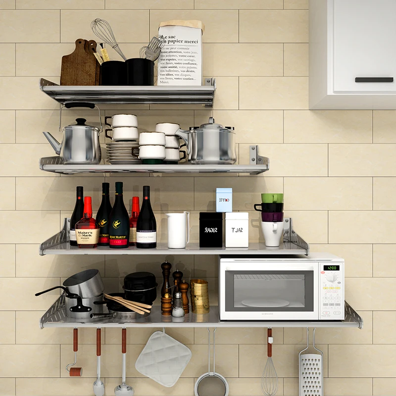 Kitchen rack wall-mounted 304 stainless steel multi-function wall microwave oven storage storage rack Kitchen rack wall-mounted 304 stainless steel multi-function wall microwave oven storage storage rack