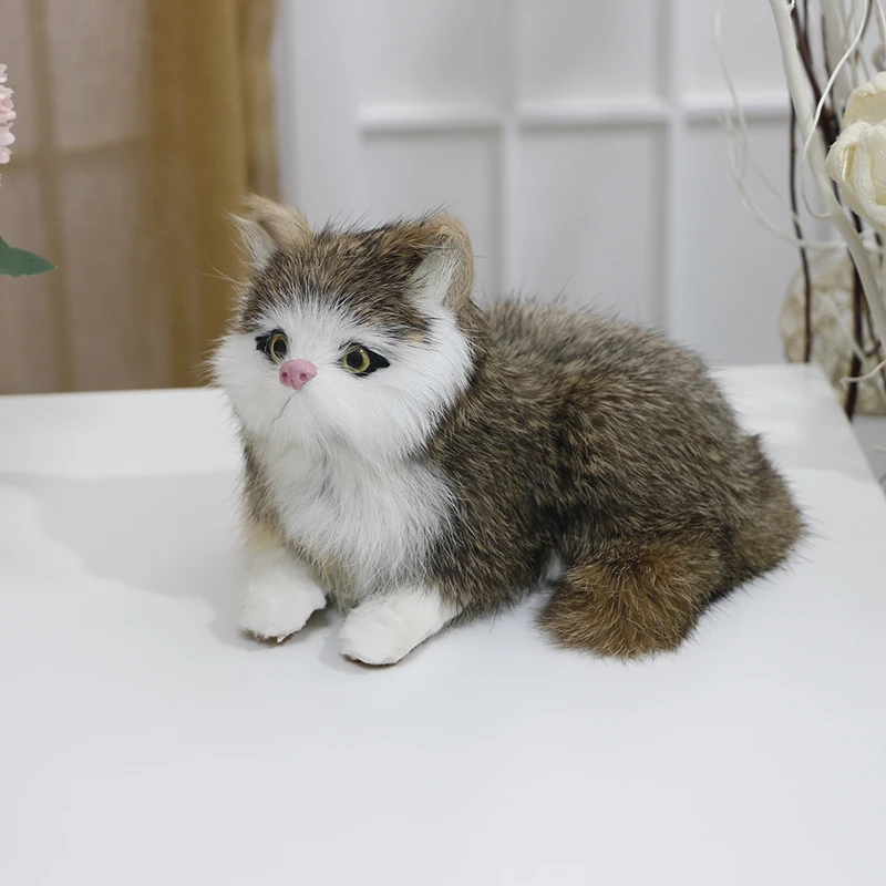 Realistic Cat Lifelike Plush Rabbit Fur Furry Animal Sleeping Tabby Figurine 