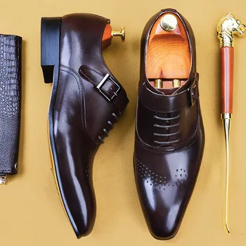 

Genuine Cow Leather Buckle Strap Men's Dress Shoes Fashion Elegant Formal Wedding Shoes Men Slip On Office Oxford Shoe EU 46