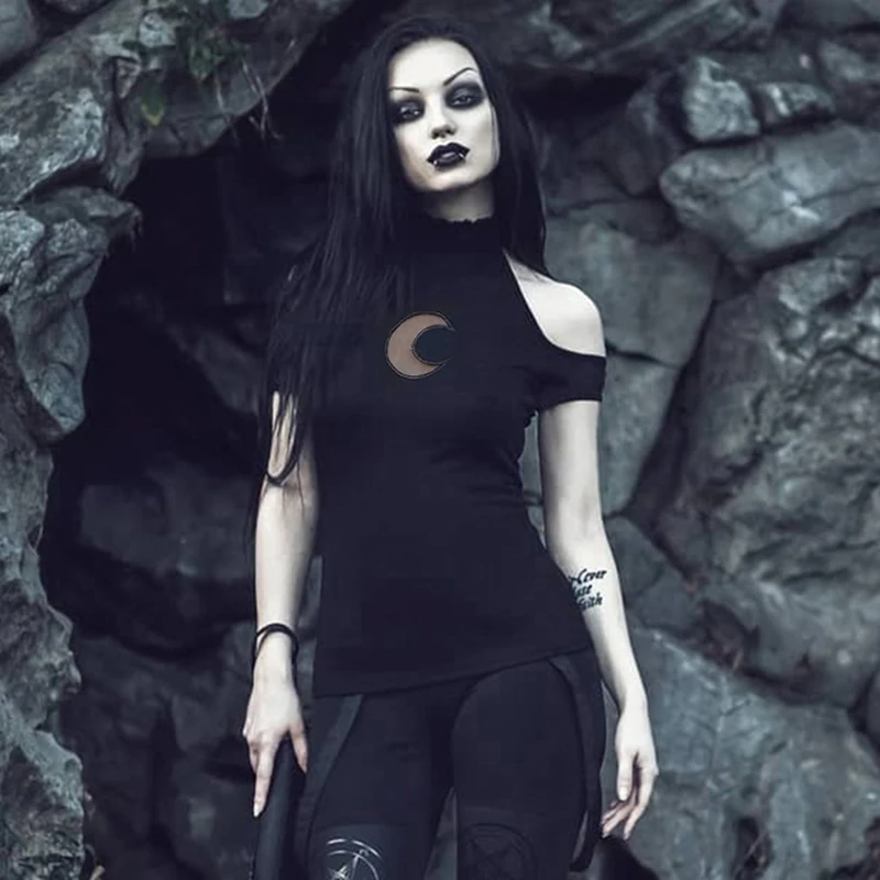 Женская Кружевная футболка с коротким рукавом Goth Dark черная Осенняя облегающая о
