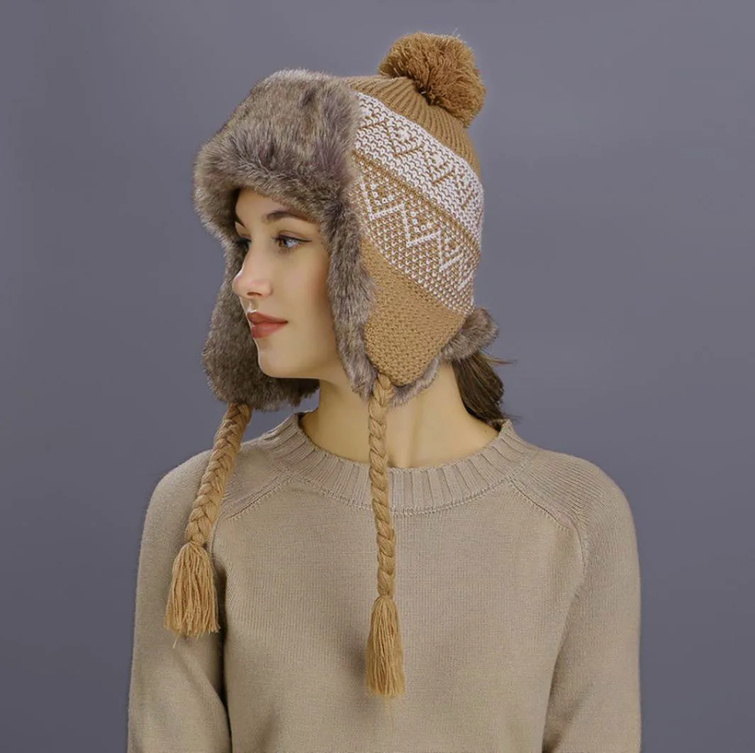 Men Women Warm Winter Knit Beanie Hiphop Cap Hat with Ear Flaps Snow Ski Thick Knit Wool Beanie Cap Hat