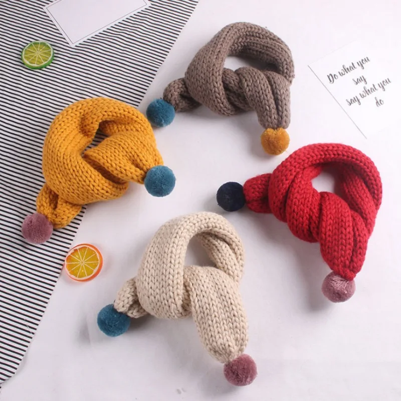 

Winter Kid Baby Pompom Scarf Solid Color Knitted Scarf Soft Warm Scarves Neck Warm Winter For Boys Girls