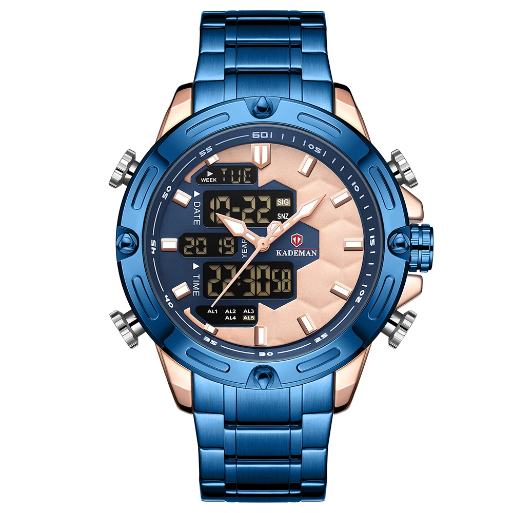 K9070-BE-RG-BE Прочные мужские часы со стальным ремешком reloj hombre, двойной кварцевый цифровой relogio masculino, роскошные высококачественные спортивные часы montre homme - Цвет: K9070-BE-RG-BE