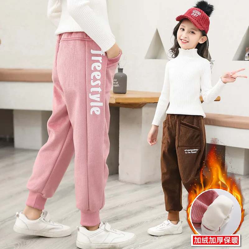 Winter New Korean Girl Thick Pants Kids Letter Fashion Sports Long Trousers Children's Casual Clothes Big Child Garments