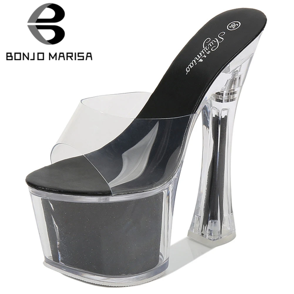 

BONJOMARISA Big Size 34-43 New PVC Ladies High Heels Mules Fashion High Platform Summer Slippers Women Party Sexy Shoes Woman