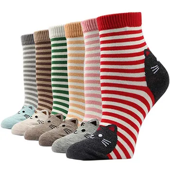 

6pairs Women Socks Cute Fun Funny Cat Cartoon Striped Warm Ladies Sock Autumn Spring Funny Students Unisex Women Cotton Socks
