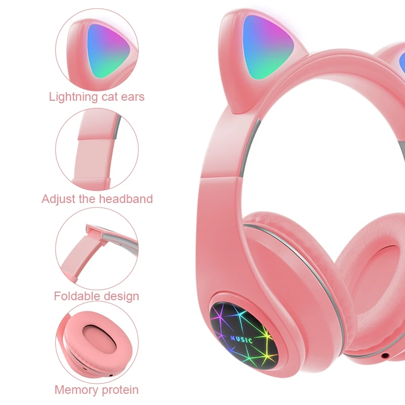 Cute Cat Bluetooth Headphone With Microphone Colorful LED Cosque Girls Music Cascos For Huawei iPhone Xiaomi Children Kids Gifts