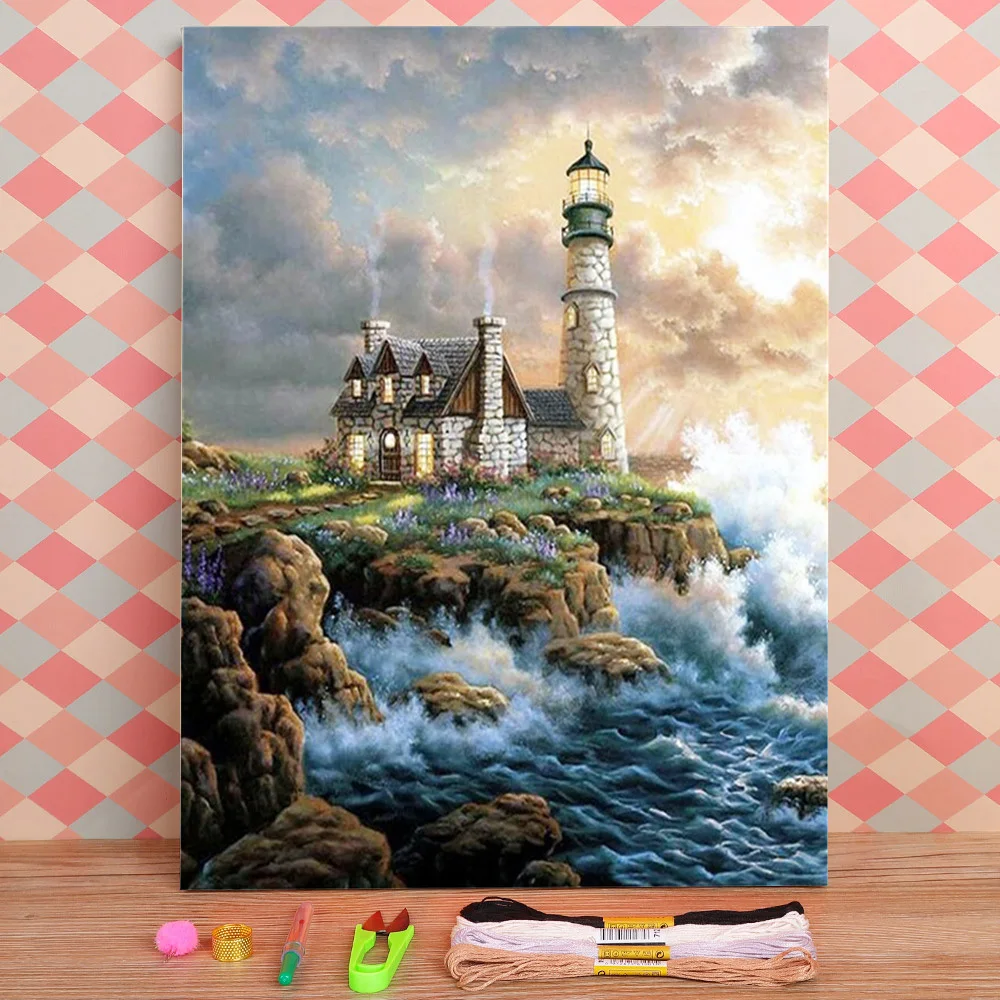 Cross Stitch Kit Landscape Lighthouse Printed Water-Soluble Canvas 11CT Cross-Stitch DIY Embroidery Full Kit DMC Threads Painting Stamped