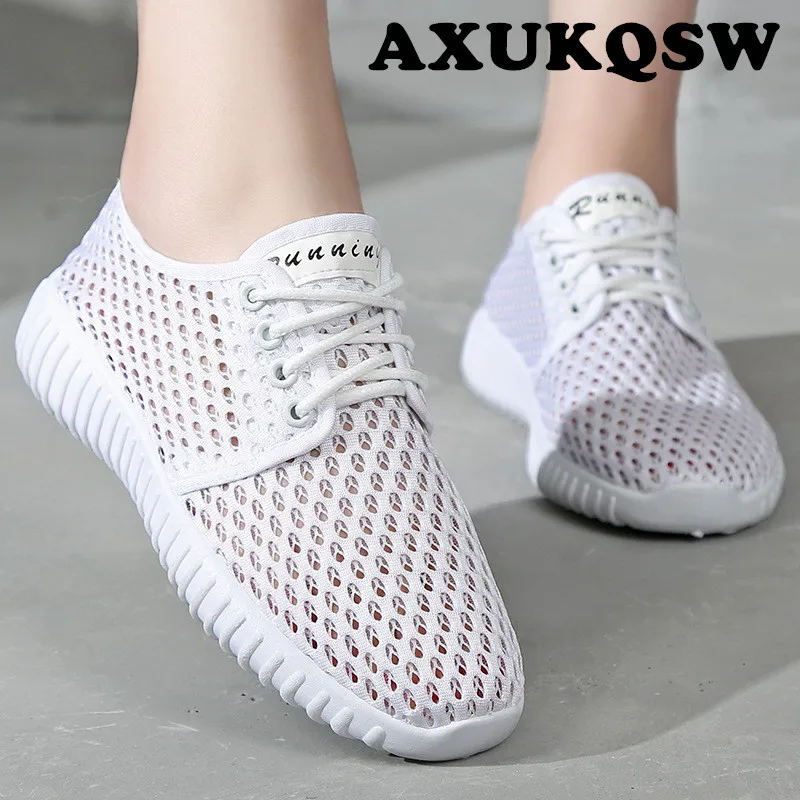 Lace up Running Shoes 2020 Summer Mesh Breathable Casual Flat Soft Bottom Sneakers Non-slip Outdoor White Women Shoe 35-40 | Спорт и