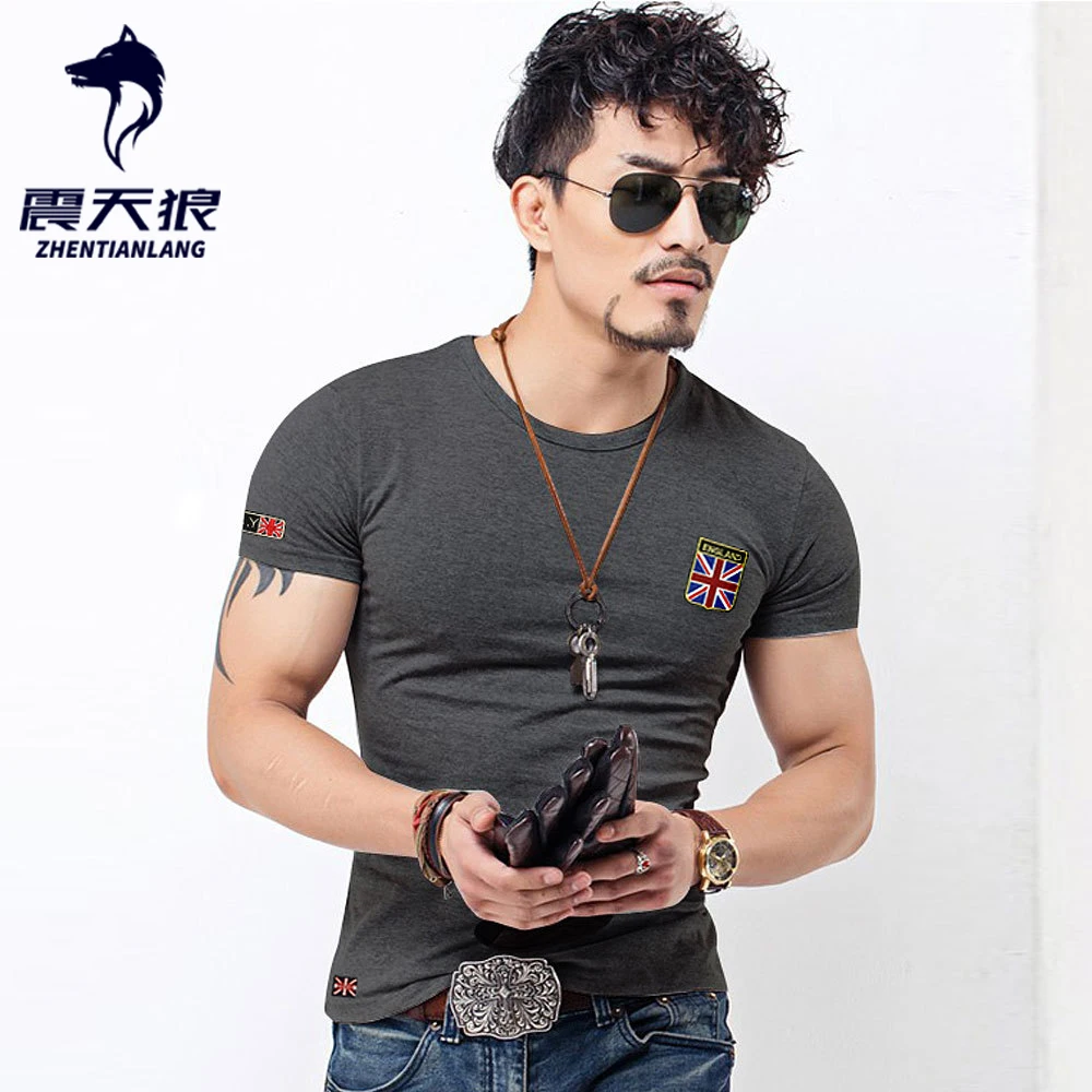 Embroidered Flag T Shirts Men Designer Clothes Vintage Military O Neck Tshirts Slim Fit Tops Fitness Fashion British Tee Shirt | Мужская